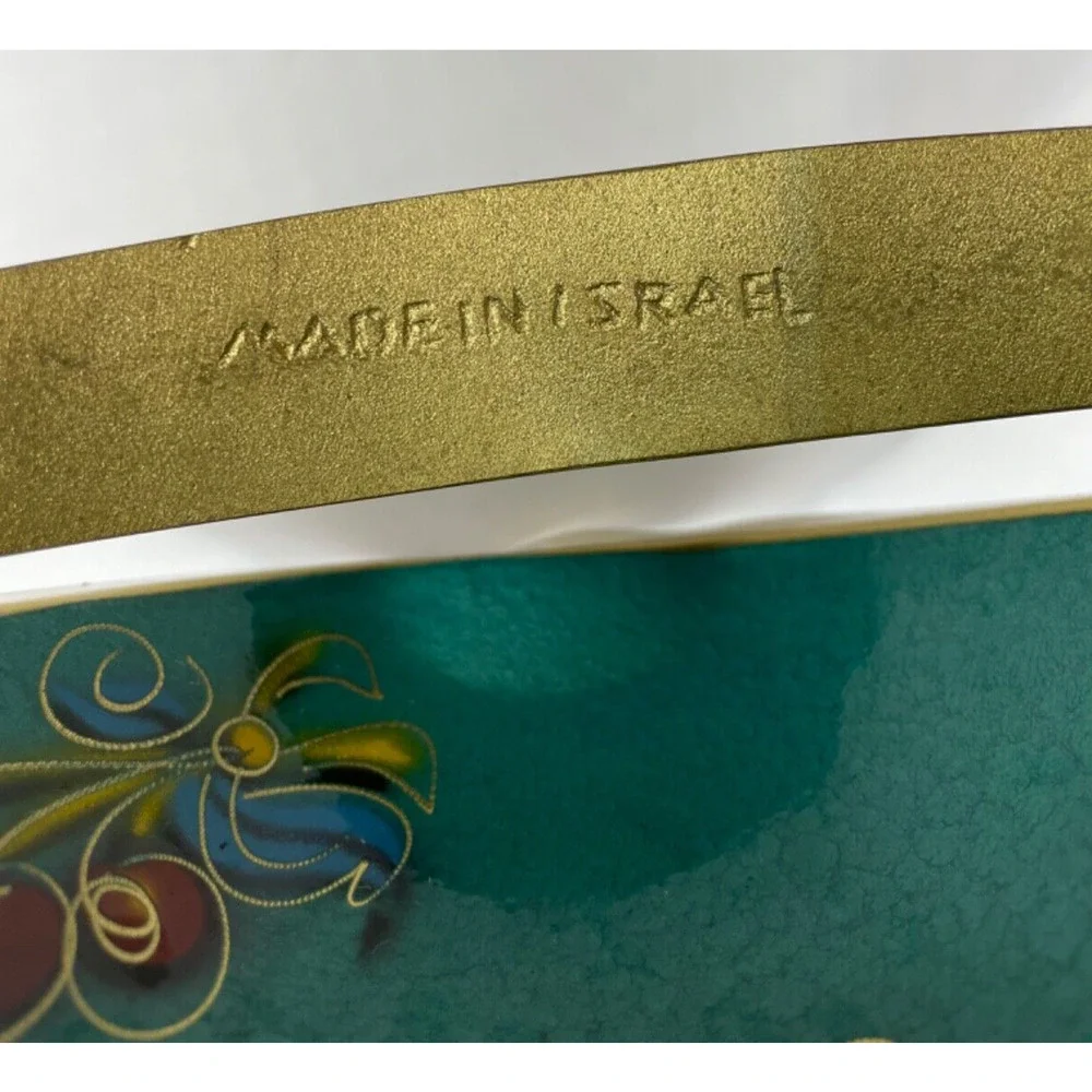 Vintage 1960s Brass Turquoise Enamel Basket With Handle Signed Made in Israel